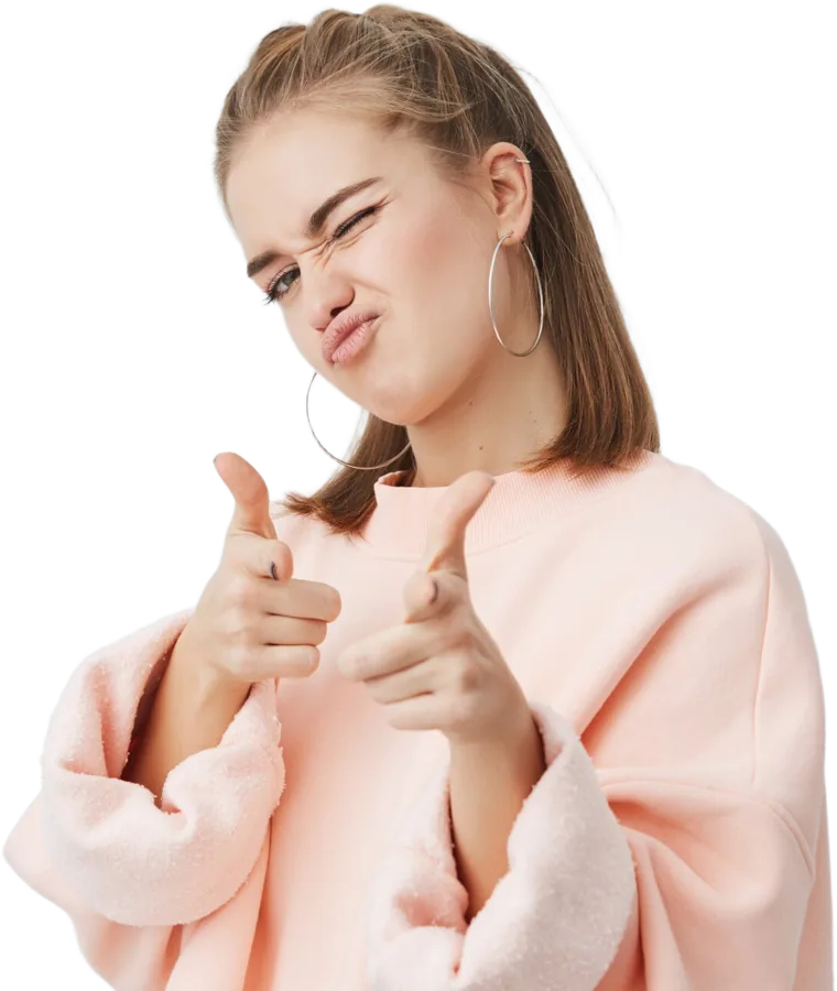 Vrouw die enthousiast naar de kijker wijst